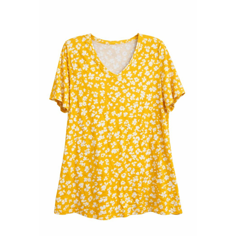 Lane Bryant Perfect Sleeve Tee Plus Size 14/16 Yellow White Floral T-Shirt